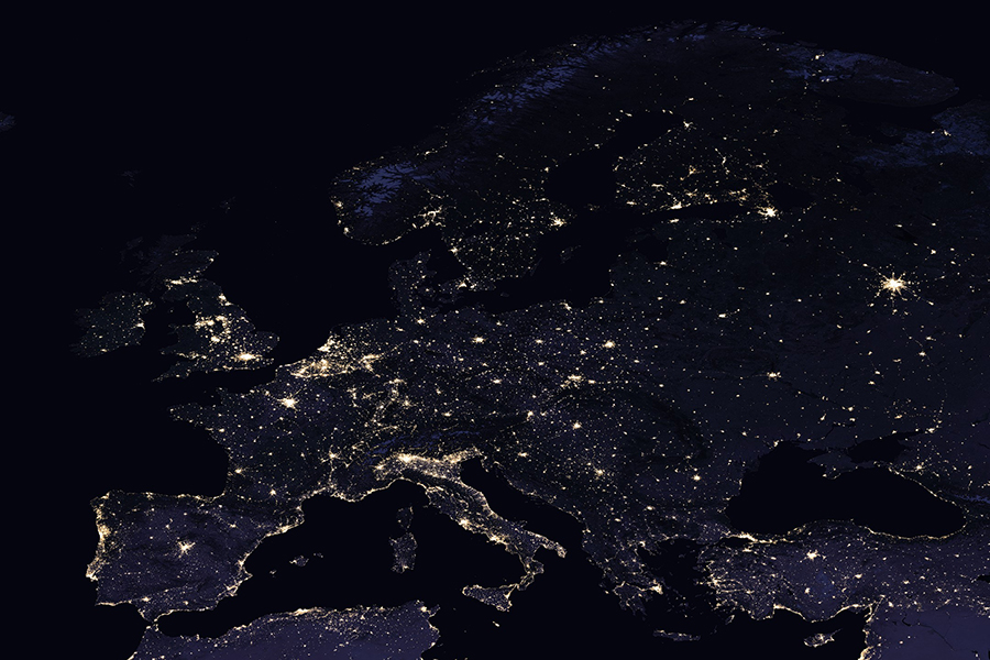 Europe at night from space. Click on the image to see the full map.
NASA Earth Observatory images by Joshua Stevens, using Suomi NPP VIIRS data from Miguel Román, NASA’s Goddard Space Flight Center, Public domain