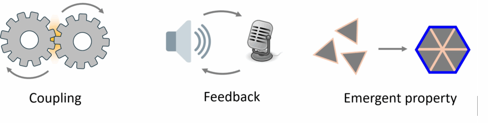 A diagram illustrating coupling, feedback, and emergent properties. On the left, two interlocked gear wheels turn each other in circular motion represents coupling. In the center, a microphone and loudspeaker are connected with arrows pointing back and forth representing feedback. On the right, three individual triangles point toward a hexagon made of six triangles presenting emergent property. 