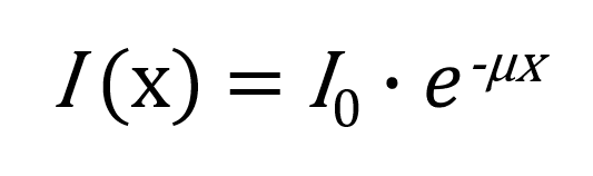 Intensity of x equals starting intensity times the natural exponential of minus mu times x 