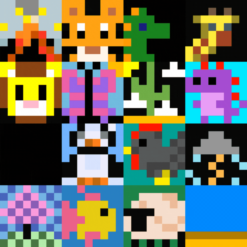 A panel of colourful pixel art tiles showing simple objects like a sheep, lion, cactus, and penguin. Some tiles are animated, for example, there is a pecking chicken, and an exploding volcano.