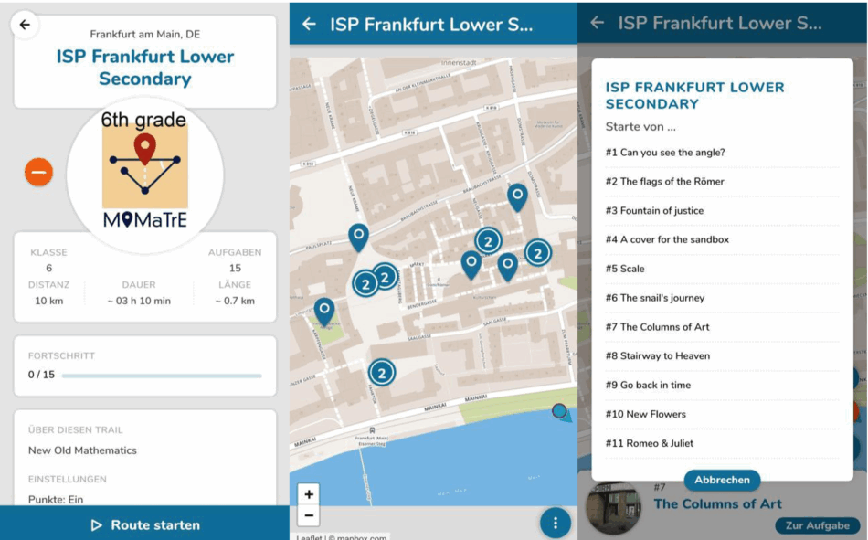 Three screenshots of the interface of the app. Left: an info panel for a trail showing distance, duration, tasks, a progress bar, and a button to start the trail. Center: a city map with multiple numbered markers along the route. Right: a numbered list of tasks. 