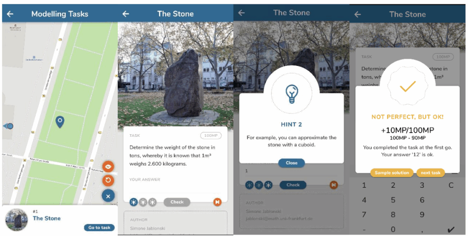 Four app screenshots in sequence. First, Map view with a pin and a Go to task button. Second, task screen titled The Stone showing a photo of a large rock and the prompt: Determine the weight of the stone in tons; 1 cubic metre weighs 2,600 kilograms, with hint and check buttons. Third, hint popup with the text you can approximate the stone with a cuboid. Forth, feedback popup window with a checkmark and the text not perfect, but OK, you completed the task on the first go.
